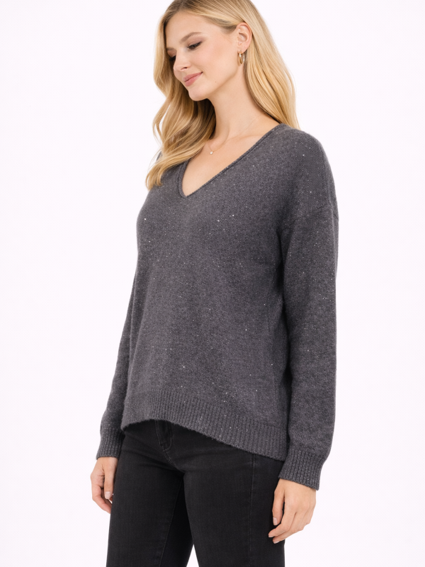 γκρί πουλόβερ V neck με διακριτικά μικρά στρασάκια 1